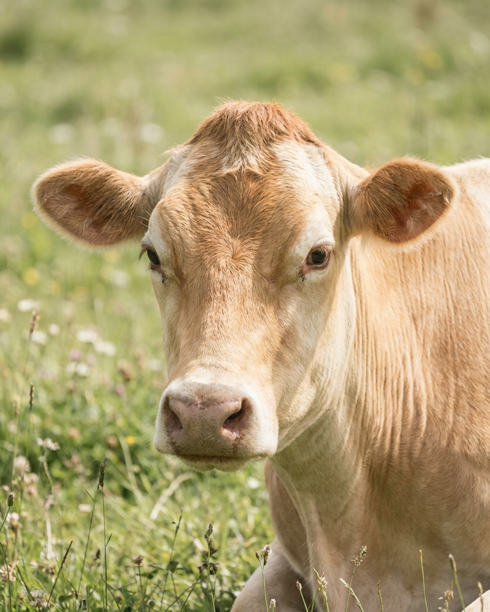 Portrait of Maisie, a Guernsey cow — soft fawn-and-cream coat, gentle eyes, a slow blink that reads as approval.