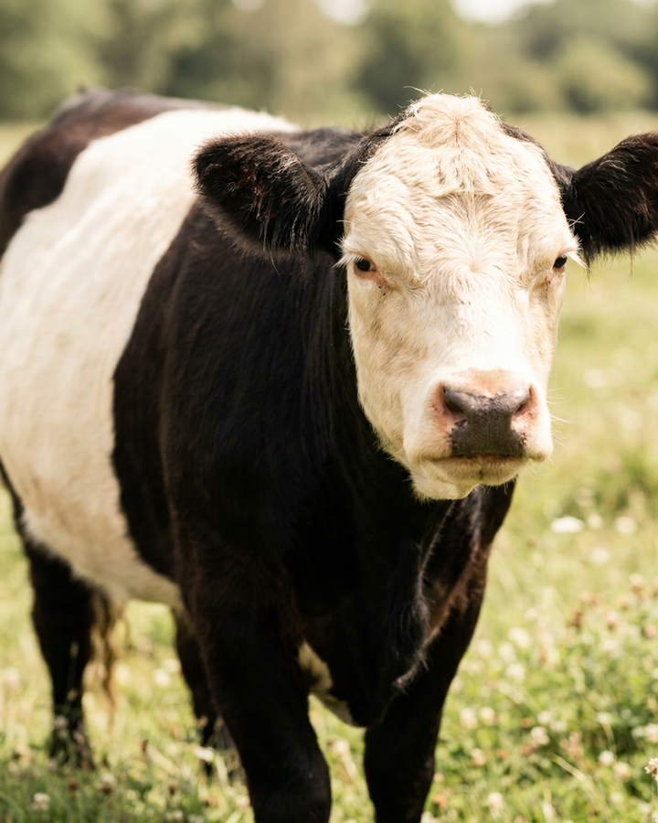 Portrait of Willa, a Belted Galloway cow — black coat with a wide white belt, soft sentimental expression.