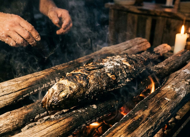 Charred meat resting on the bars of a charcoal grill