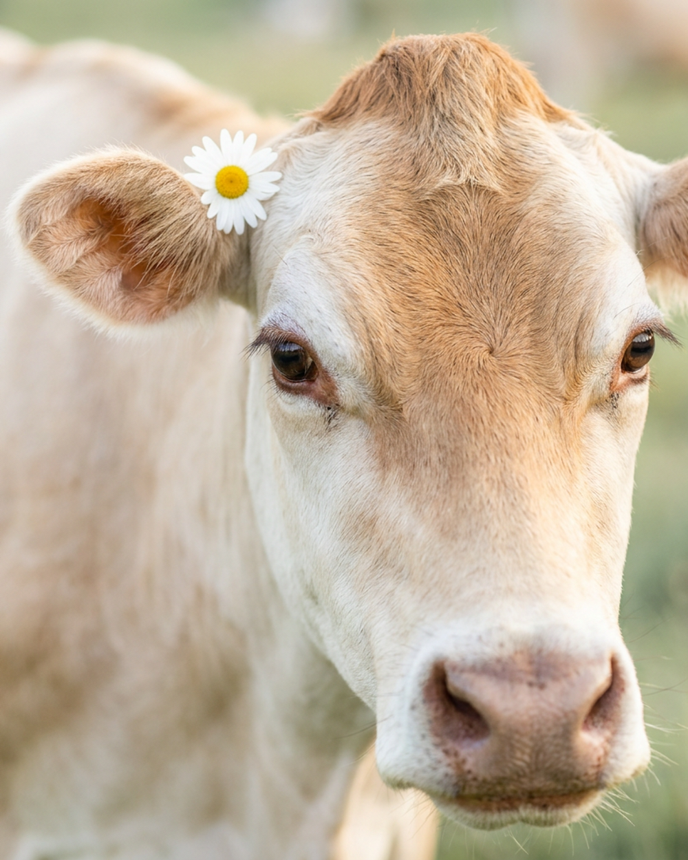 Portrait of Clementine, a Jersey cow — doe-eyed, long lashes, a single daisy behind the ear.