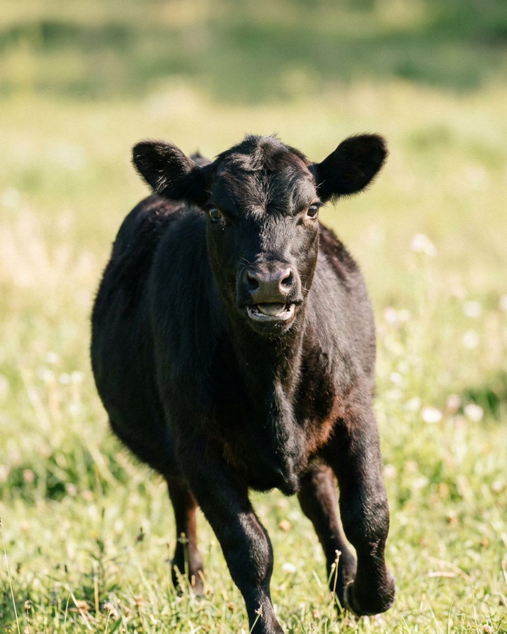 Portrait of Pip, a Dexter cow — miniature, glossy black coat, ears that never stop.