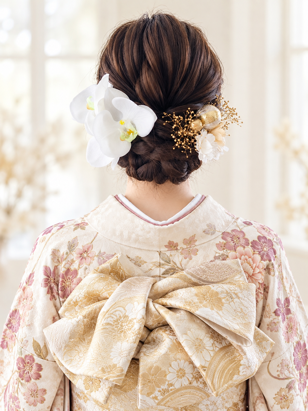 大きなお花を一輪? 小花を集める? 髪飾りの見え方の違い