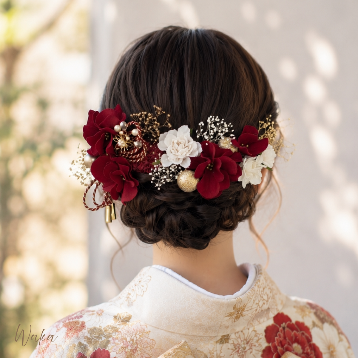 深紅アジサイ×ゴールドの髪飾り【金箔付】成人式 卒業式 振袖 袴 結婚式 和装花嫁 白無垢 打掛 F19