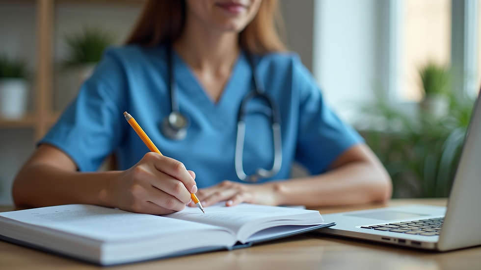 Close-up view of a nursing student studying with textbooks and a laptop