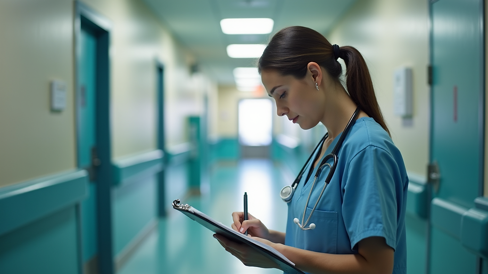 Eye-level view of a nurse writing notes on a clipboard in a hospital corridor