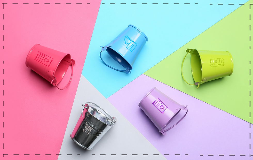 Five small colourful buckets tipped on their sides against a geometric pastel background, symbolising money leaking out across multiple spending categories.