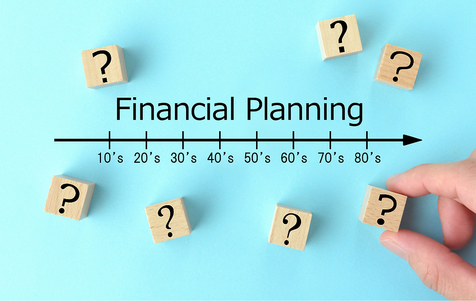 Wooden blocks with question marks arranged around a Financial Planning timeline from 10s to 80s on a light blue background