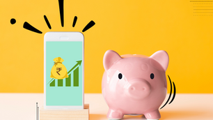 A pink piggy bank beside a smartphone displaying a rupee money bag with an upward green growth chart, against a bright yellow background with illustrated burst lines