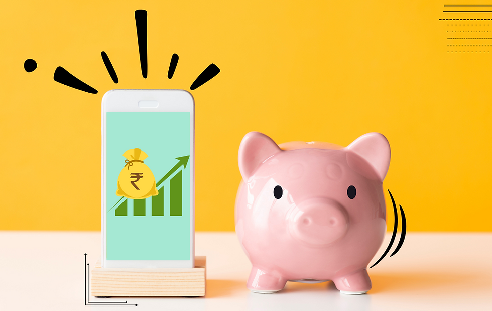 A pink piggy bank beside a smartphone displaying a rupee money bag with an upward green growth chart, against a bright yellow background with illustrated burst lines