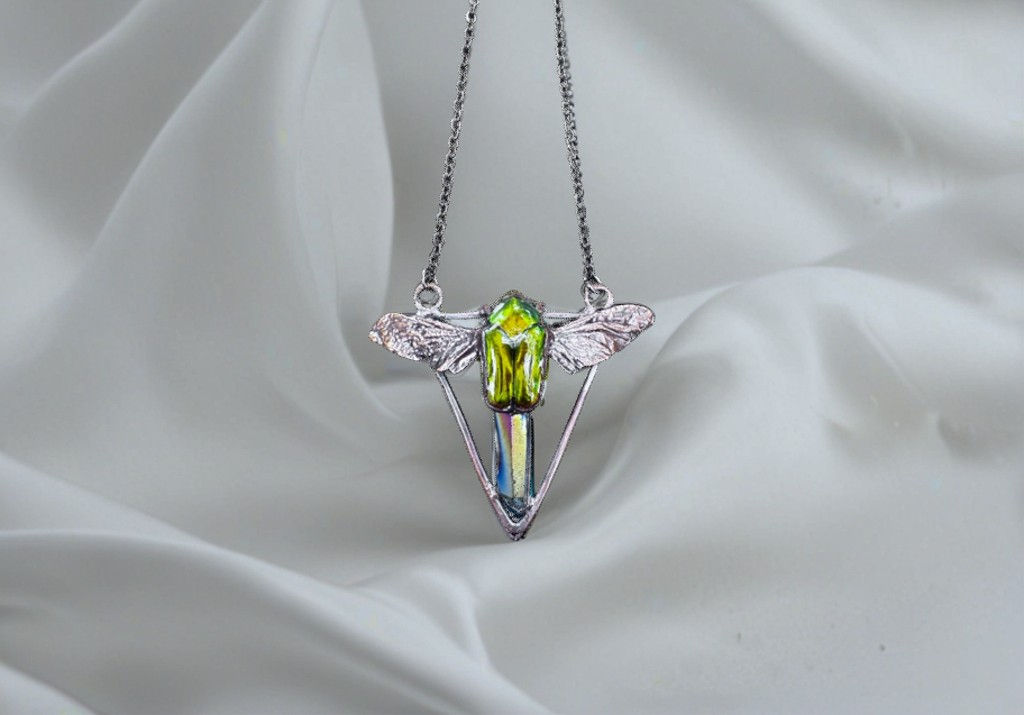 Handmade Electroformed Green Beetle with Titanium Quartz Point, ethically crafted  by DSM Gemstones