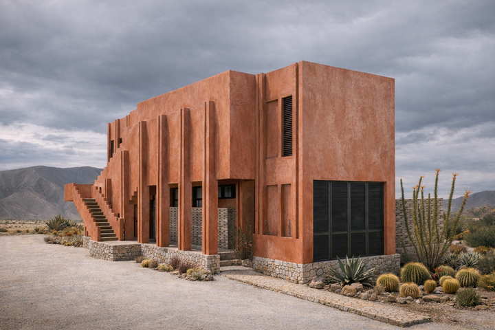 Vista exterior de edificio de arquitectura contemporánea con muros de concreto pigmentado en tonos terracota, volumen escalon