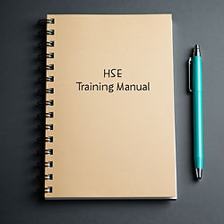 HSE Training Manual with a pen on black surface. HSE System Implementation.