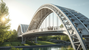 Large arched steel bridge spanning a river on a sunny day, with people walking across the bridge and trees lining the riverbanks.