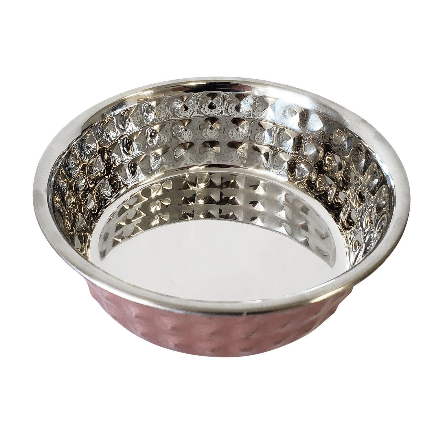 Designer Textured Stainless Steel Dog Bowl - Rose Quartz Diamond