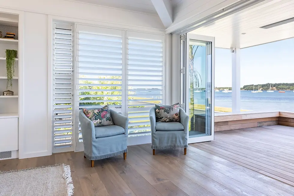 This stunning setting in Omokoroa, Tauranga is enhanced with our beautiful Tuscany Timber Door Shutters. Our recommendation with specifying our largest louvre - 114mm blades worked well with the size of the space.