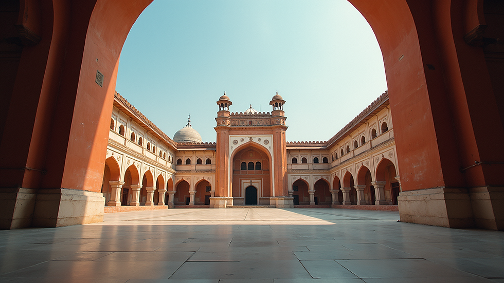 Eye-level view of a historic landmark with vibrant architecture