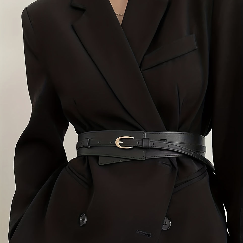 Black wide PU leather waist belt close-up on blazer