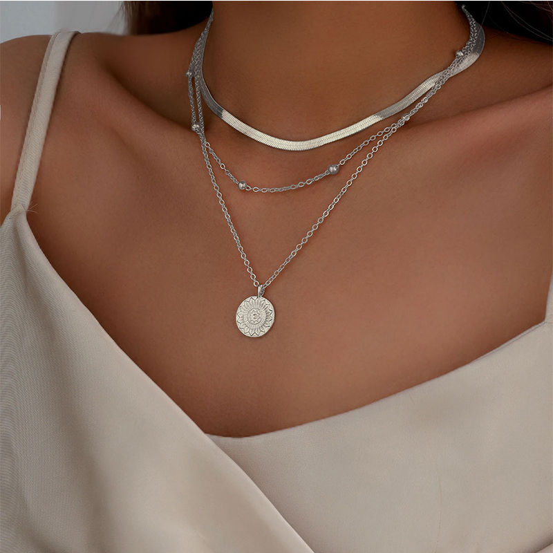 Thumbnail: Women's Three Layer Snake Chain Necklace with Coin Disc Pendant