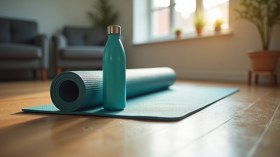 Close-up view of a yoga mat and a water bottle on wooden floor