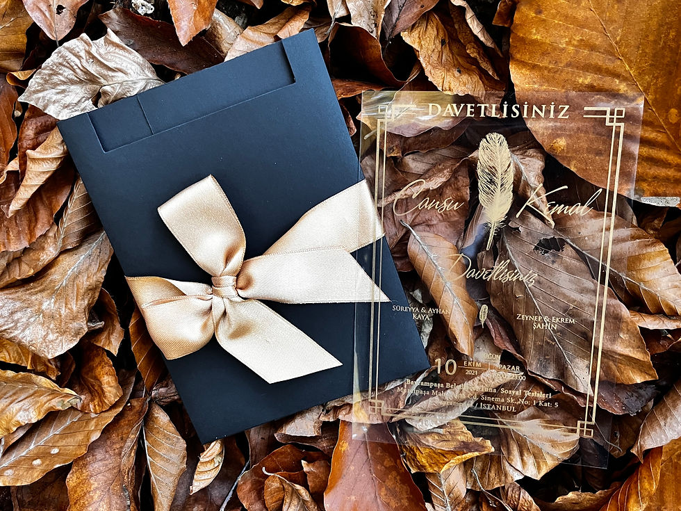 faire part mariage acrylique transparent plume dorée avec enveloppe noire ruban satiné