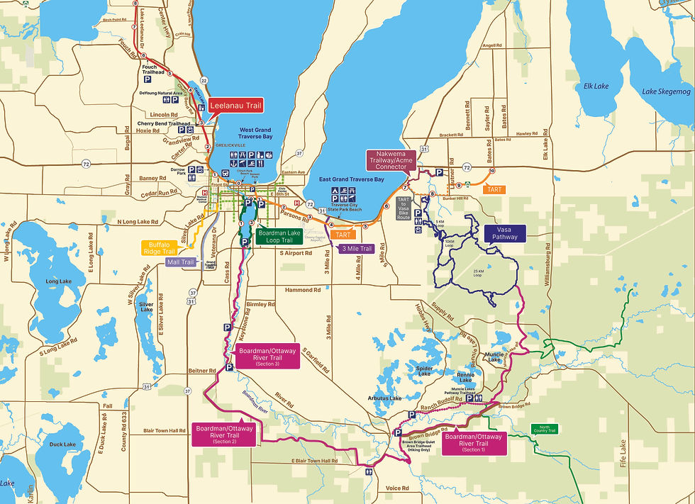 Color-coded map to Traverse City's trail system