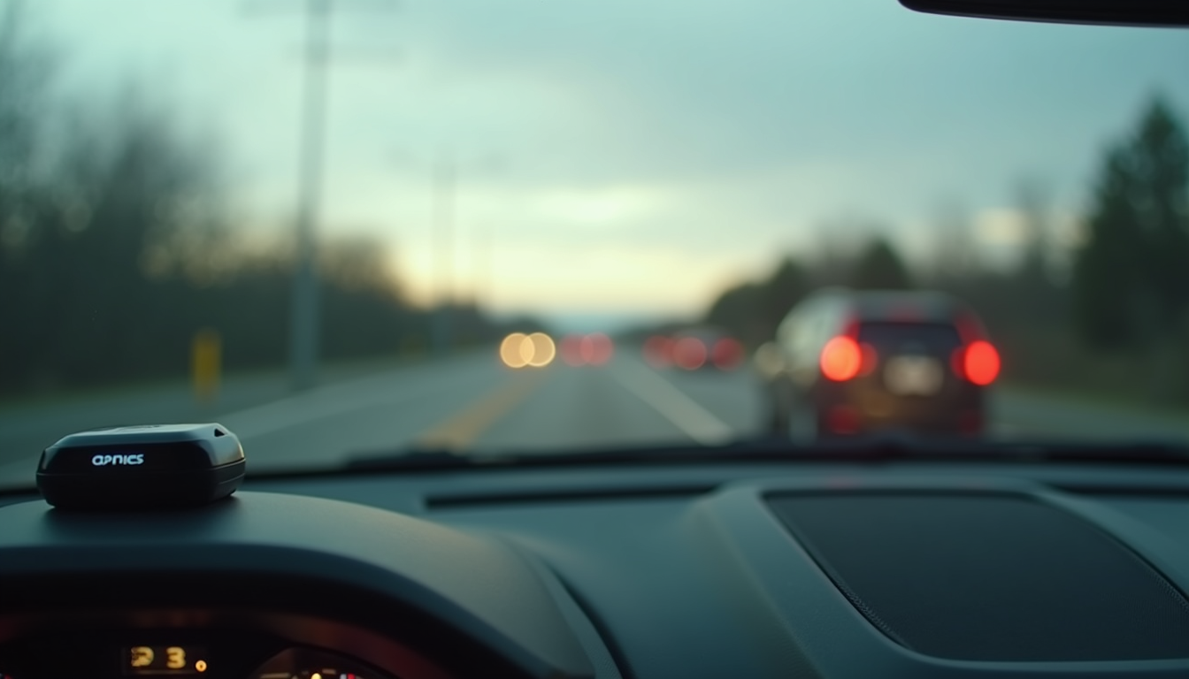 Close-up view of a GPS tracking device in a moving vehicle