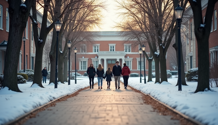 Eye-level view of a university campus pathway in winter with students walking