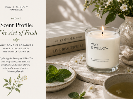Wax & Willow Journal Blog 7, “The Art of Fresh,” featuring a softly lit Wax & Willow candle styled with fresh mint leaves, white flowers, neutral books, linen and a cup of tea in a calm, natural interior.