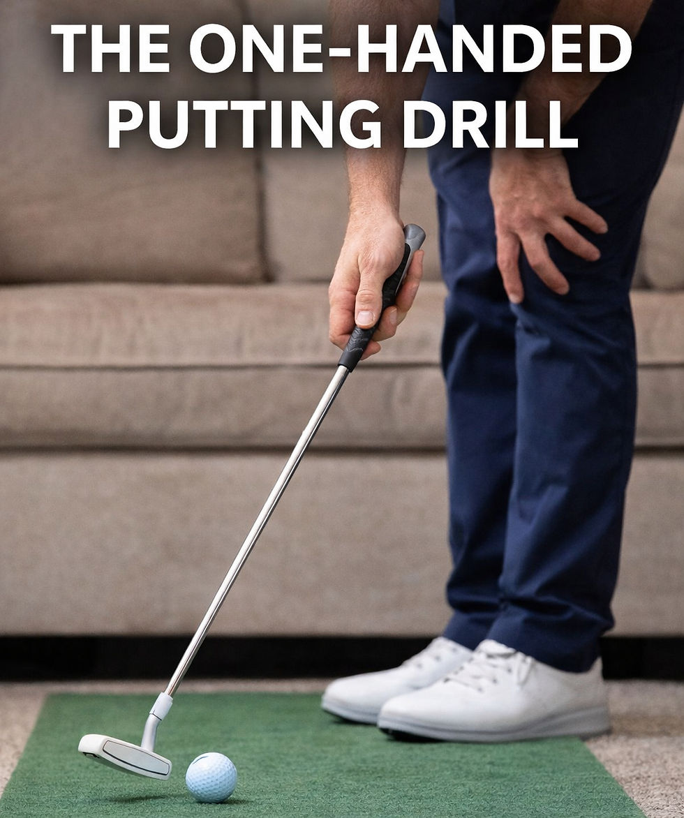 Person practices one-handed putting drill indoors on a green mat. Text above reads "THE ONE-HANDED PUTTING DRILL". Sofa in background.