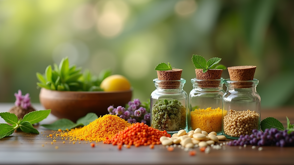 Close-up view of colorful herbal remedies in a naturopathic setting