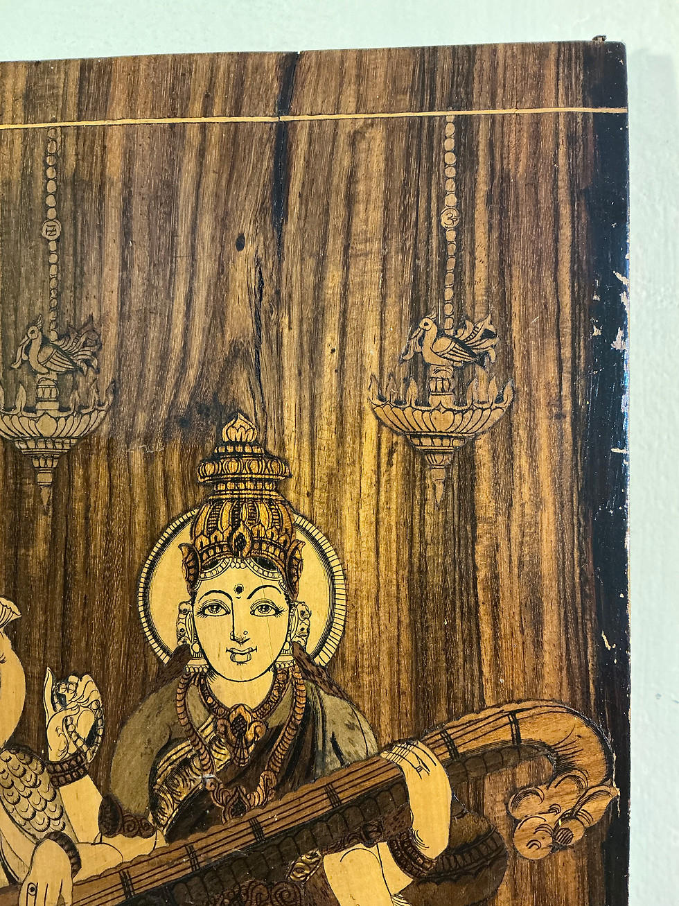Thumbnail: Vintage Wooden Marquetry Panel - Goddess Saraswathi