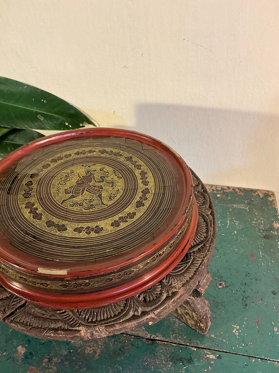Thumbnail: Burmese Lacquered Straw Tray with Intricate Hand-Painted Motif