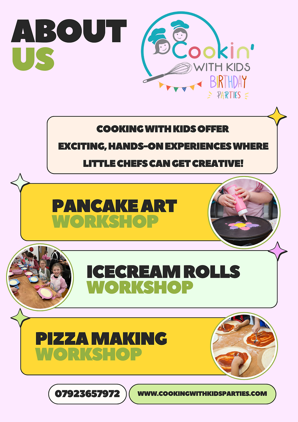 Eye-level view of a colorful pancake art workshop setup with ingredients and tools
