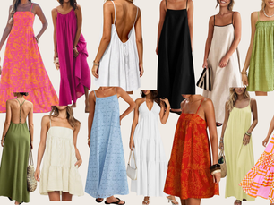 A collage of colorful beach vacation dresses