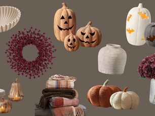 Fall Halloween decor collage with carved pumpkins, wreaths, candles, vases, plaid blankets, and floral arrangements on taupe background.