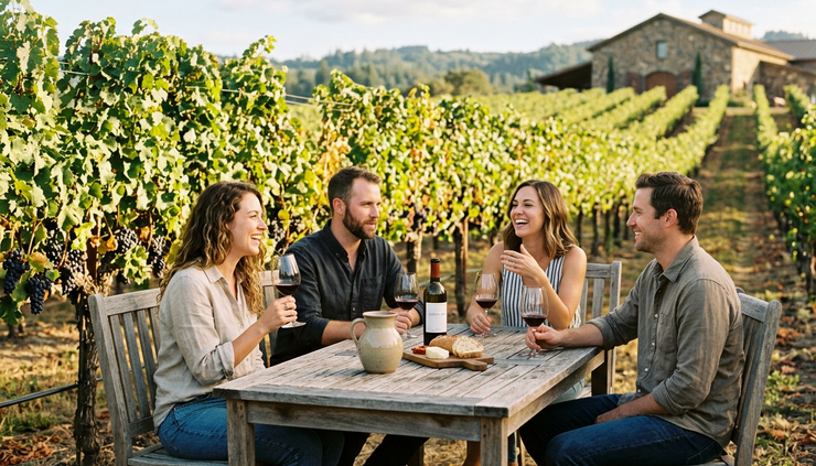 Eye-level view of guests enjoying wine outside near vineyard rows