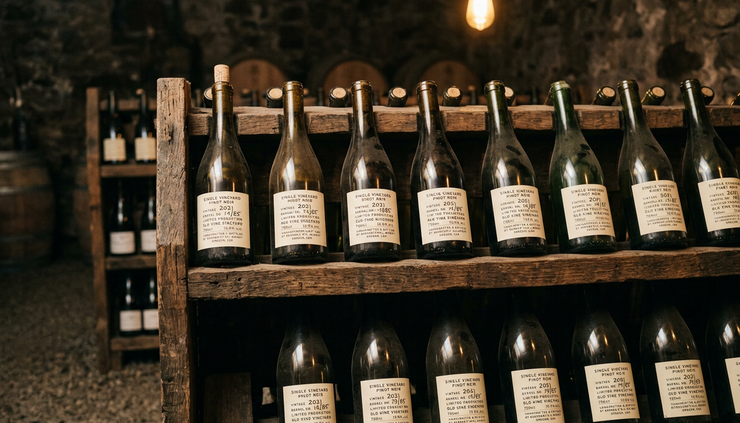 Eye-level view of labeled wine bottles resting in wooden cellar racks.