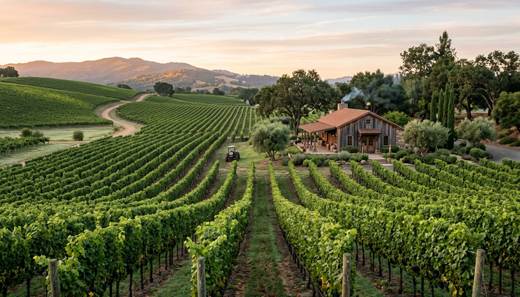 Wide-angle view of a quiet boutique vineyard at sunrise.