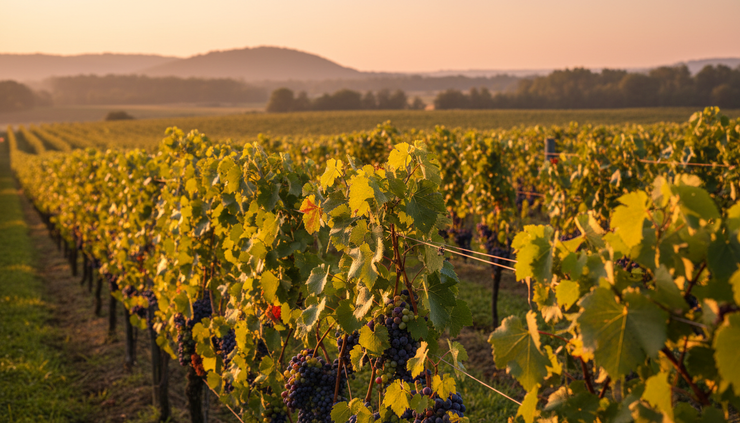 Wide-angle view of a quiet vineyard row at golden hour.