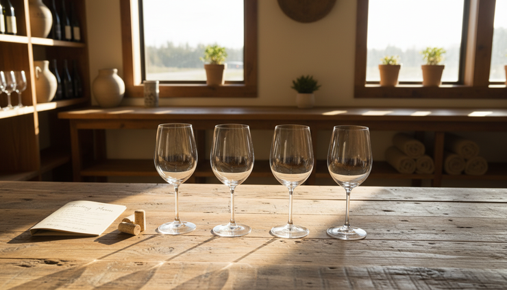 Eye-level view of a quiet tasting room counter set with wine glasses.