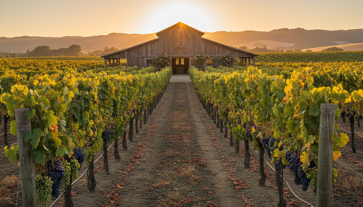 Wide-angle view of vineyard rows at golden hour