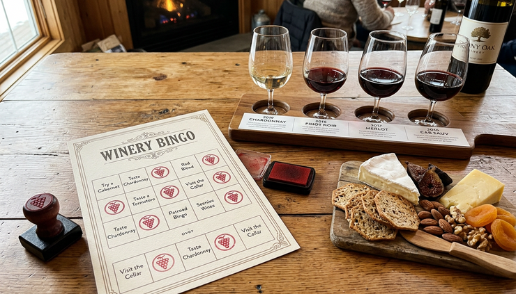 Overhead view of a stamped winery bingo card next to a tasting flight and cheese board.
