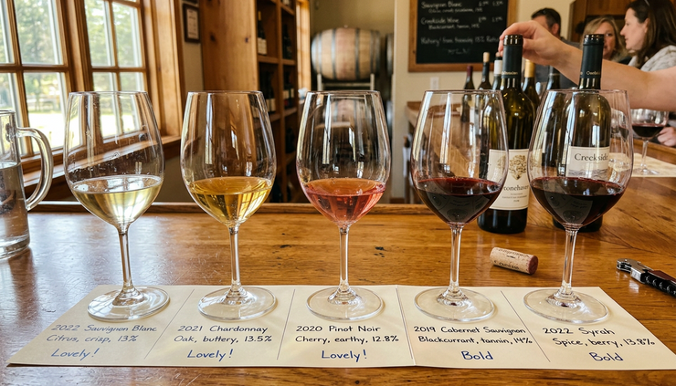 Close-up of filled wine glasses lined up on a wooden tasting bar.