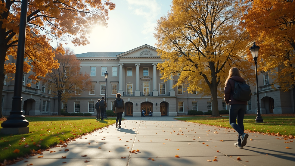 Close-up view of a university campus building with students walking