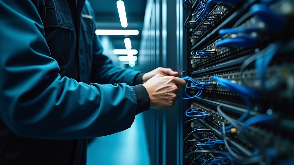 close-up view of IT technician working on network cables