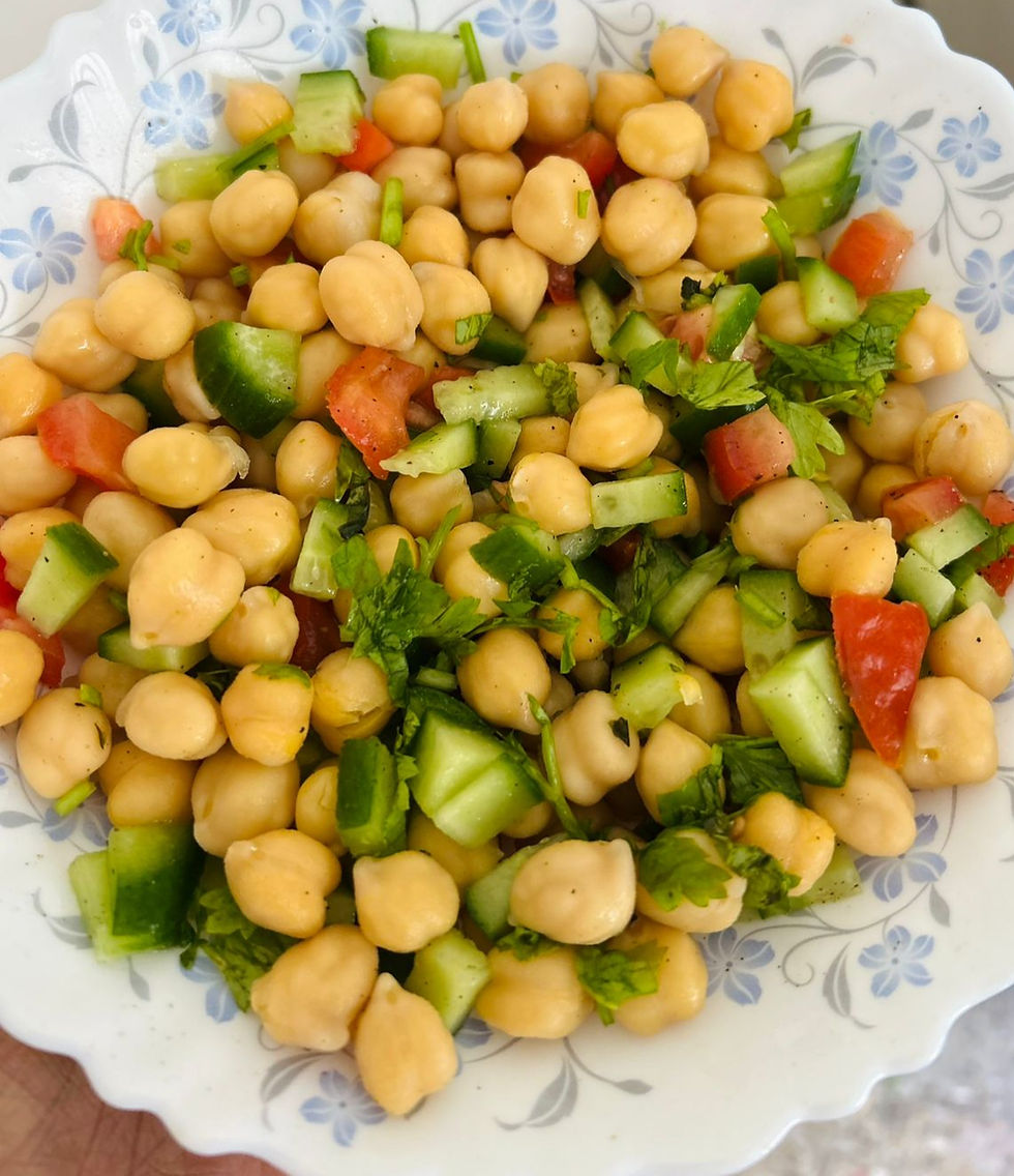 Chickpea salad served in a bowl.