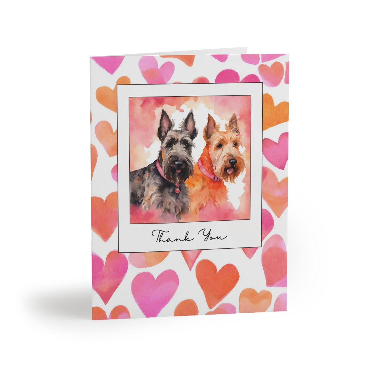 Front view of watercolor Scottie Dog card in pink and orange colors
