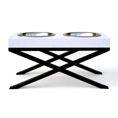 raised white wood dog feeding station with stainless steel bowls