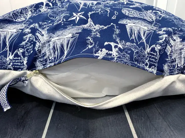 Thumbnail: zipper view of Vintage Navy Nautical Toile Dog Cushion
