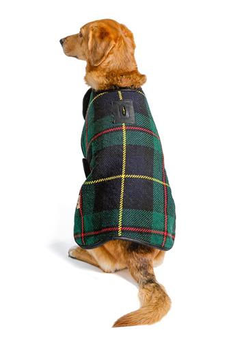 Thumbnail: Back view of navy tartan dog coat